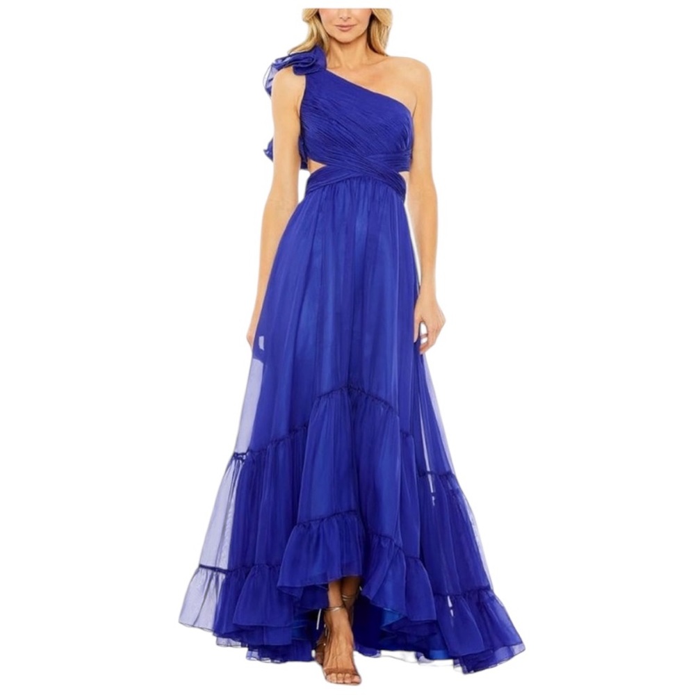 NWOT MacDuggal One Shoulder Ruffle Tiered Cut Out Chiffon Gown Formal Wedding